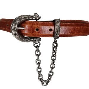 Vintage RJ Graziano Brown Leather Belt Silver Filigree Buckle Swag Chain L